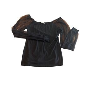Dorose Black Ribbed Square Neck Top Sheer Swiss Dot‎ Mesh Long Sleeve Medium